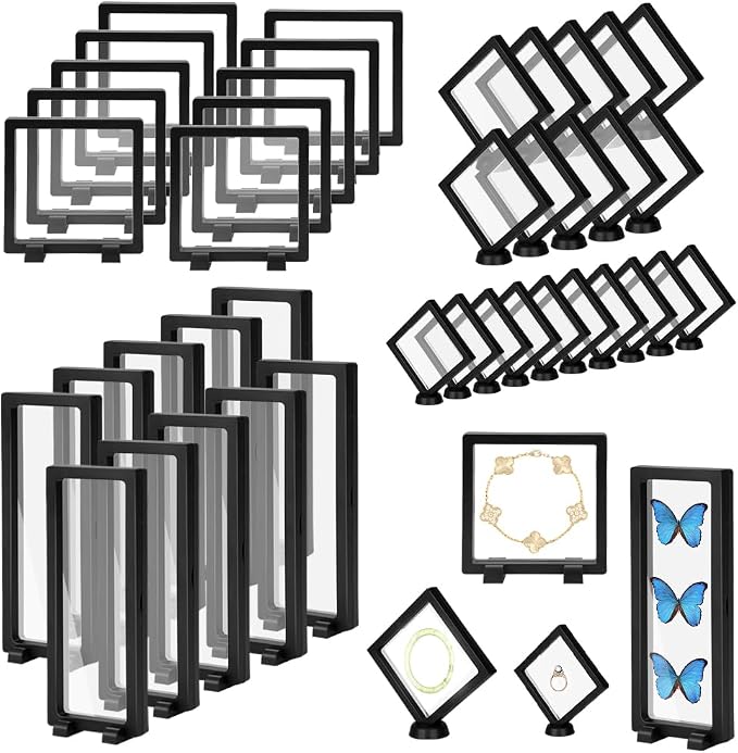 RETON 40 Pack 3D Floating Frame Display Case with Bases, Challenge Coin Display Holder Stands, Large Suspension PE Transparent Jewelry Storage Boxes for Medallions Specimen Stamps