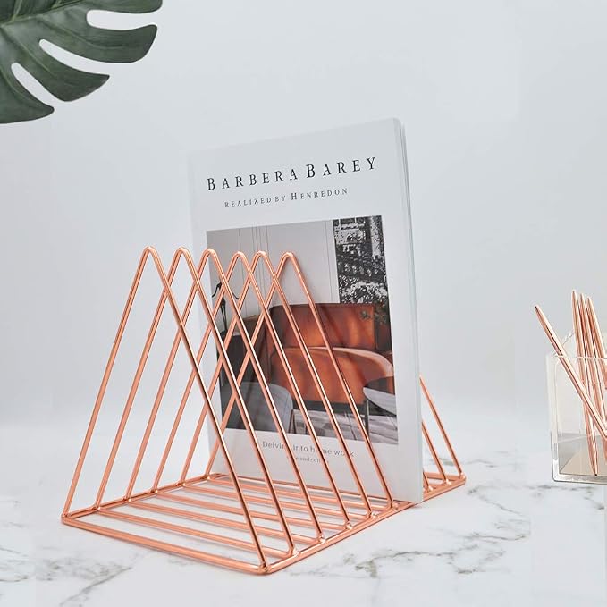 9 Slot Magazine Rack Book Record Holder, Desktop Iron Storage Rack Bookshelf Multifunction Triangle File Organizer Sorter for Decor Home Office, Rose Gold Pack of 2