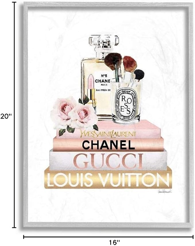'Glam Cosmetics on Fashion Books'| Framed Giclee Art | Stupell Industries | Gray, 16 x 20 Inches, Easy to Hang and Sturdy, Made in USA, by Amanda Greenwood