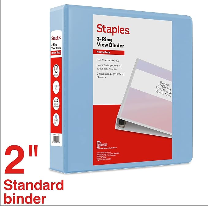 Staples Heavy Duty 2" 3-Ring View Binder, D-Ring, Light Blue