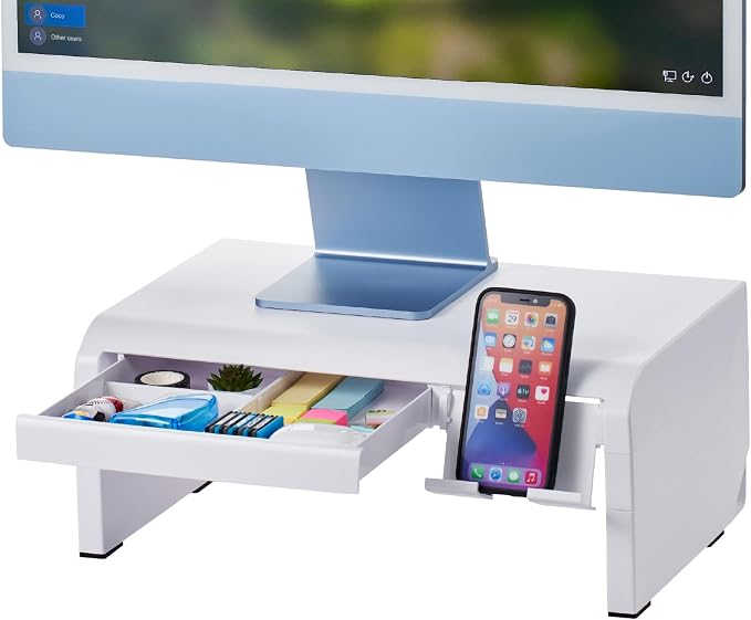 Bostitch Konnect Adjustable Monitor Riser with Drawer & Cell Phone Holder, Laptop Stand for Desk, 4 Height Levels, Cable Management & Rubber Feet