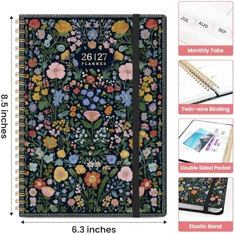 Planner 2026-2027, Jul 2026-Jun 2027 Academic Monthly & Weekly Planner | 6.3" x 8.5" Hardcover Pretty Calendar Planner for Women, Spiral Organizer for School Office Home Supplies, Garden of Whimsy