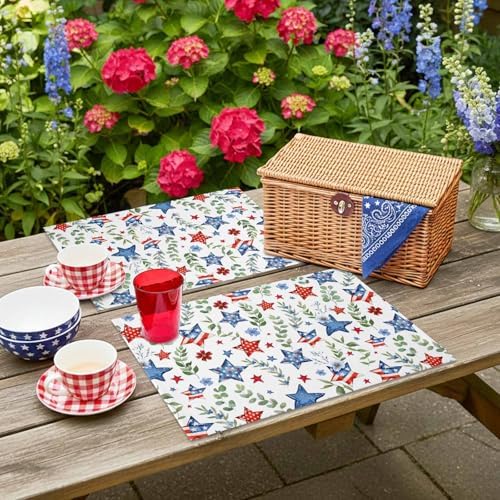 4th of July Placemats Set of 6, Patriotic Star Floral Place Mats Independence Day Dining Table Mats Holiday Party Memorial Day Decor for Kitchen&Linens Outdoor Indoor, Green Eucalyptus Leaves