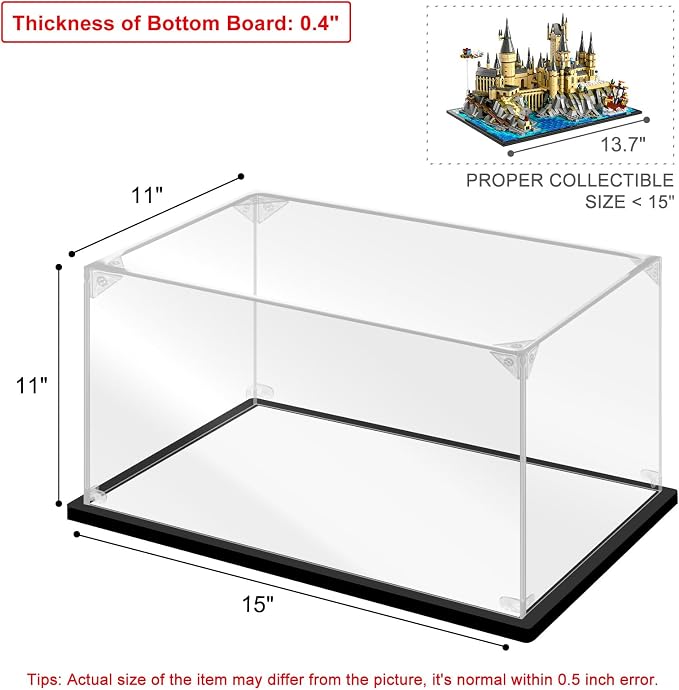 Acrylic Display Case, 15.8×11.8×11 Inch Clear Acrylic Display Box with Black Frame, Assemble Collectibles Display Case for Trophy, Action Figures, Dolls & Building Toys