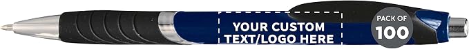 DISCOUNT PROMOS Ballpoint Pens With Rubber Grip - 100 pack - Customizable Text, Logo - Black Ink Ball Point Pen with Soft Touch Plastic - Navy Blue