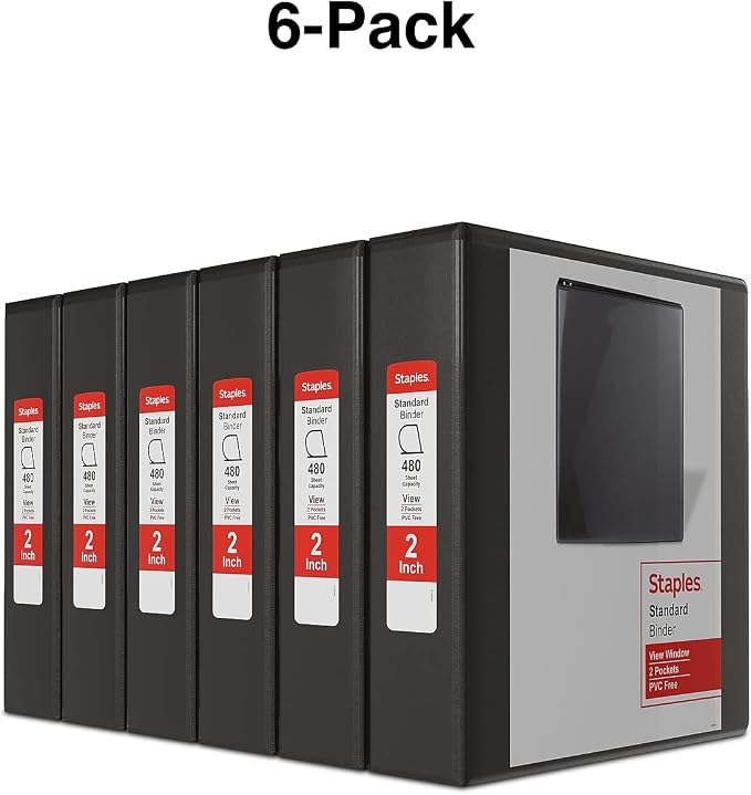 Staples Standard 2-Inch Round Ring View Binder, Black, 350 Sheets | Clear overlay for custom covers. Binder for school and office use.