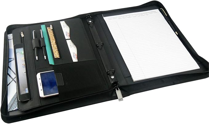 Portfolio 3-Ring Binder Organizer with Handle Zippered Padfolio Writing Pad Legal Size Notebook Business Folder Resume Interview for Men Women, Black
