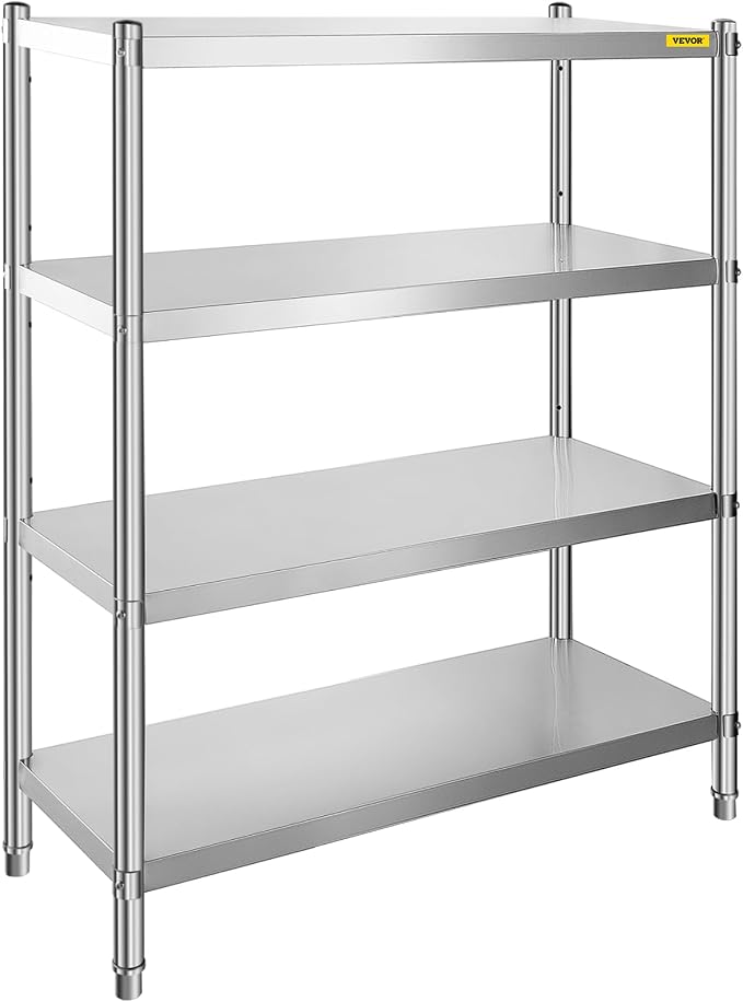 VEVOR Stainless Steel Shelving 46.8x18.5 Inch 4 Tier Adjustable Shelf Storage Unit Stainless Steel Heavy Duty Shelving for Kitchen Commercial Office Garage Storage 330lb Per Shelf
