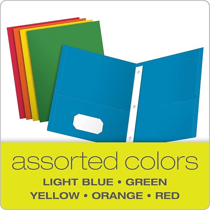 Twin Pocket Portfolios with Three Tang Fasteners, Assorted Colors, 25/Box (ESS57713)
