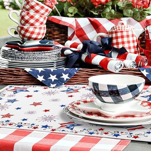 4th of July Placemats, Patriotic Stars Fireworks Heat Resistant Washable Dining Table Mats Summer Farmhouse Decor for Kitchen&Table Linens Outdoor Indoor, Red White and Blue American Flag