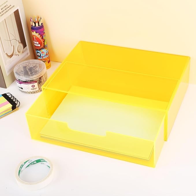 Gelite Acrylic Desk Organizer with Drawer for Makeup Vanity Stackable Desktop Storage Box for Office Supplies, 13.8 x 9.8 x 3.9’’, Neon Yellow