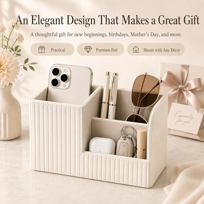 Desk Pen Organizer Office Supplies Caddy Pu Leather Multi-function Storage Box Pen/Pencil,Cell phone, Business Name Cards Remote Control Holder (Ivory White)