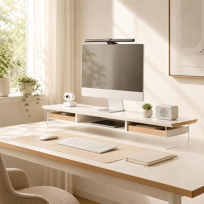 Fenge 42.5-Inch Monitor Stand with 2 Flexible Drawers, White | Metal Shelf, Solid Wood Accents, Clear Acrylic Legs, Modern Desktop Organizer for Dual Monitors, Laptop & Printer