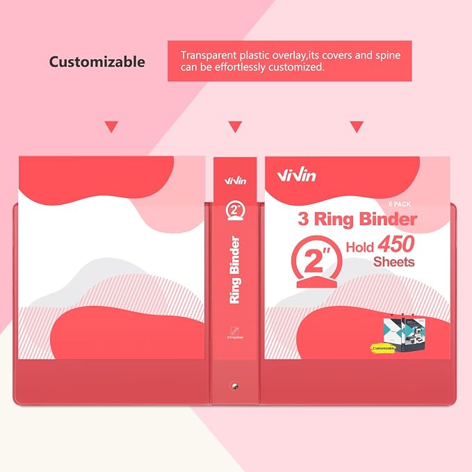 ViVin 2 Inch Round Ring View Binder for Durability, 6-Pack (Red) | Standard 3 Ring Binder for 450 Sheets of US Letter Size Paper, PVC-Free, Clear Front Pocket, Office Home School Use