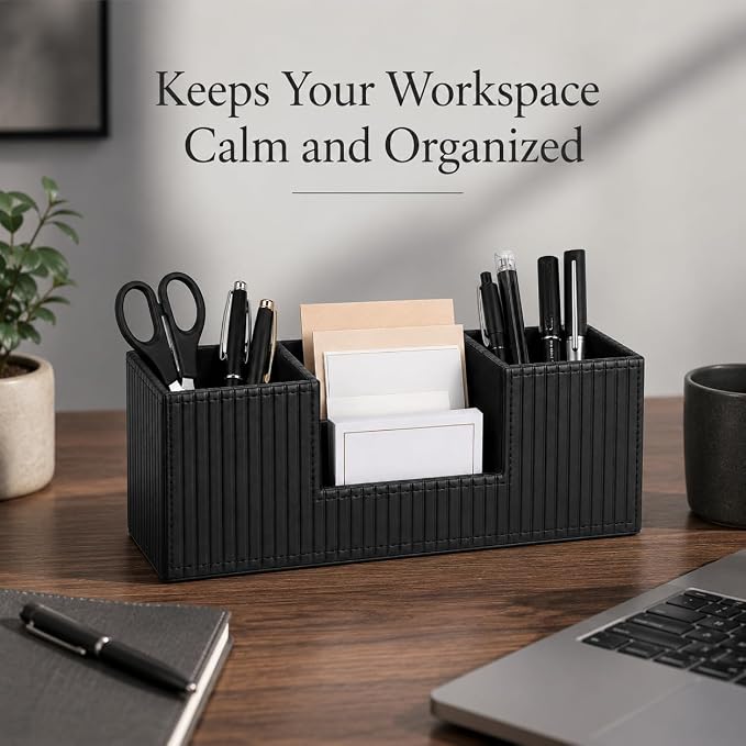 GORESE Pen Holder for Desk, PU Leather Desk Organizer for Office, Black | 4-Compartment, Vegan Leather, Office Supplies, Desk Caddy Nightstand Organizer for Pen, Pencil, Remote Control, Business Card