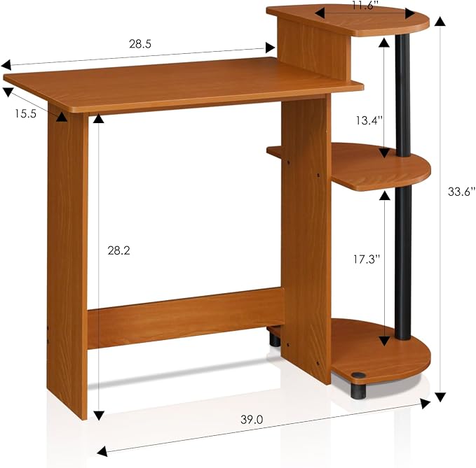 Furinno Compact Computer Desk with Shelves, Round Side, Light Cherry/Black