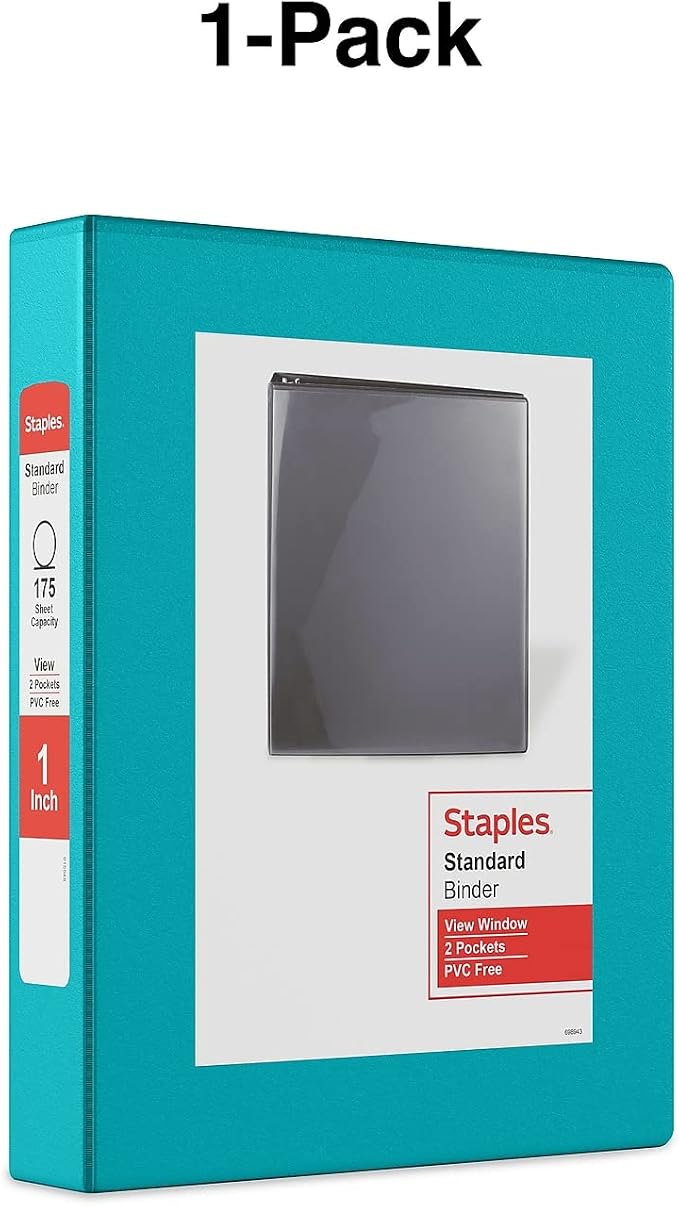 Staples Mini View Binder, 1-Inch 3-Ring, Compact Size, Holds Up to 175 Sheets, Teal, for Notes, School & Projects