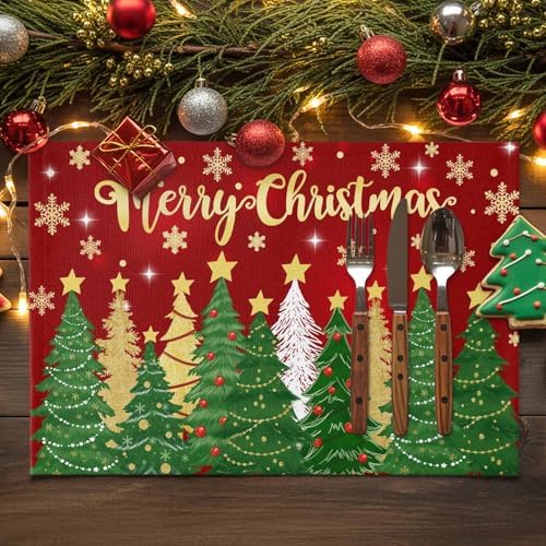 Christmas Placemats Set of 6, Merry Christmas Heat Resistant Washable Dining Table Mats Xmas Holiday Farmhouse Decor for Kitchen&Linens Outdoor Indoor, Gold Star Xmas Tree Snowflakes