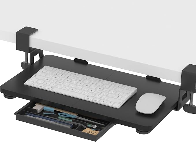 ETHU Keyboard Tray Under Desk, 19.7" X 11.81" Small Size Keyboard Drawer with C Clamp-on Mount Easy to Install, Computer Keyboard Stand Slide Pull Out, Ergonomic Keyboard Tray for Home & Office, Black