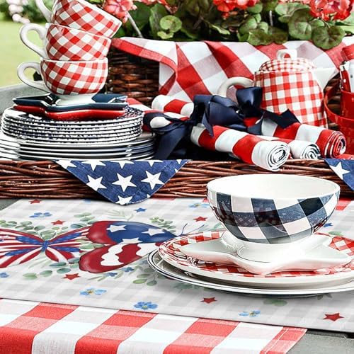4th of July Placemats Set of 4, Patriotic Star Butterfly Heat Resistant Washable Dining Table Mats Summer Farmhouse Decor for Kitchen&Table Linens Outdoor Indoor, Eucalyptus Leaves Grey Buffalo Plaid