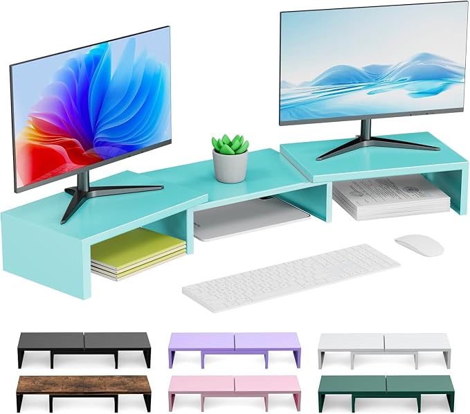 Dual Monitor Stand Riser | Monitor Stand for Desk, Metal Computer Stand, Desk Shelf Riser,Desktop Organizer for Home and Office Use (Blue)