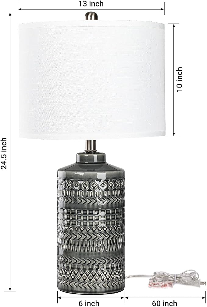 Modern Ceramic Table Lamp, 24.5" Living Room Lamps 3-Way Dimmable Gray Nightstand Lamp with White Shade|Tall Bedside Lamp Desk Decor Lamps for Bedrooms Farmhouse Office End Table Lamps(Bulb Included)