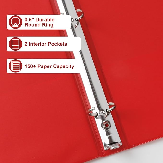 CIXILDTS 0.5-inch Round Ring Binder, Durable 1/2" 3 Ring Binder Fit Letter Size Paper, Red, 6-Pack