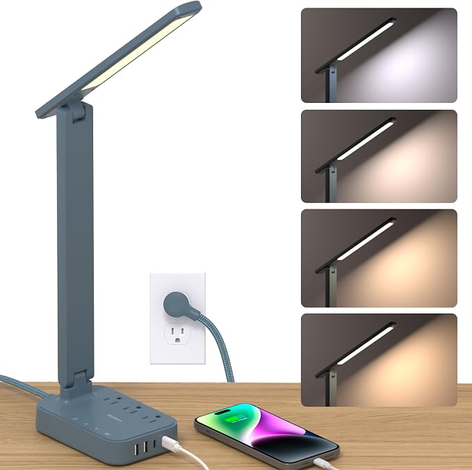Addtam LED Desk Lamp, Power Strip with 3 Outlets 4 USB Charging Ports(2 USBC), 4 Modes 5 Level Brightness Touch Lamp, Small Desk Lamp for Home Office College Dorm Room Essentials, Blue