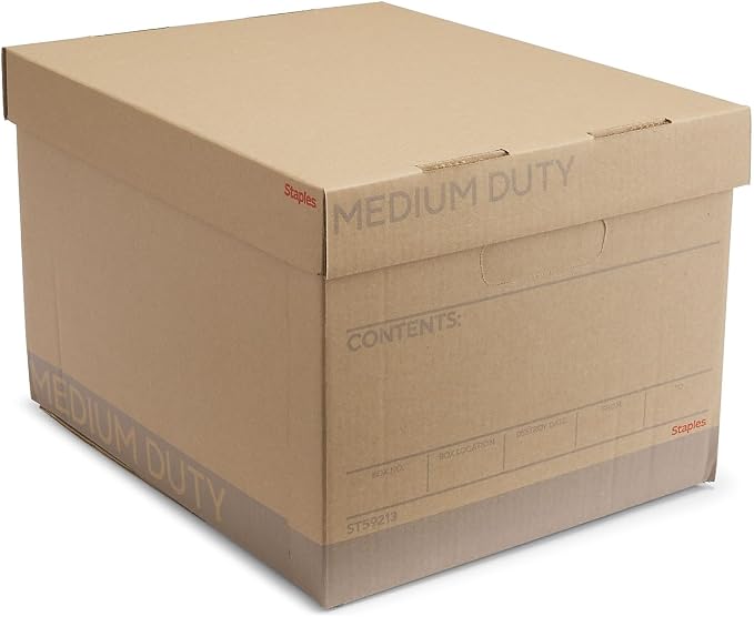 Staples Medium-Duty 100% Recycled Storage Boxes, Letter/Legal, 12-Pack | Eco-friendly stackable boxes for document storage in offices.