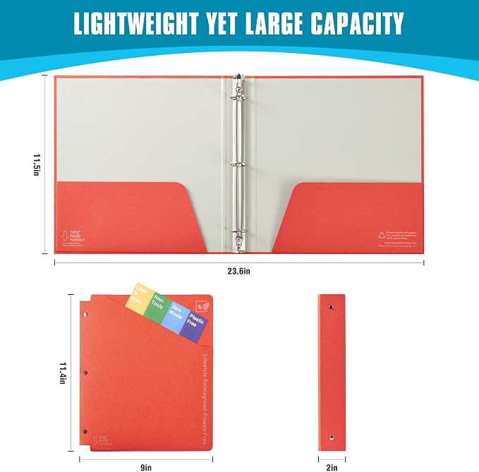 1 Inch 3 Ring Binder with Dividers with Pockets, Plastic-Free Binder Organizer Students School Office Supplies