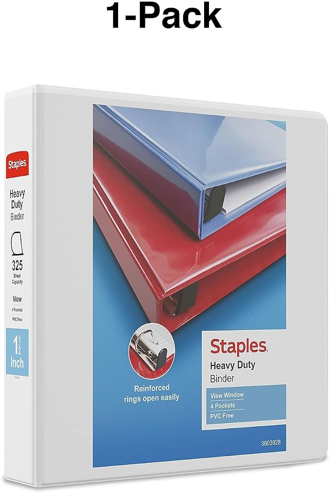 Staples Heavy-Duty 1.5 Inch 3-Ring View Binders with D-Rings, White, Four Interior Pockets, Durable Office Binders, 3 Pack