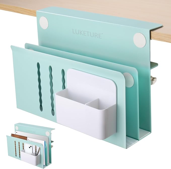 LUKETURE Desk Side Storage, 2 Tie Laptop Holder No Drill Clamp On Organizer | Steel Side Desk Organizer, Clamp on Laptop Mount with Pen Holder, Hanging Storage for Home Office, Fits 0.3" to 2.8"