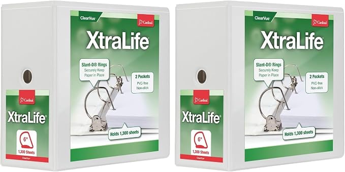 Cardinal XtraLife 3-Ring Binder, 6", w/Shelf Pull, Locking Slant-D Rings, ClearVue Presentation Binder, Holds 1,300 Sheets, PVC-Free, White (26360) (Pack of 2)
