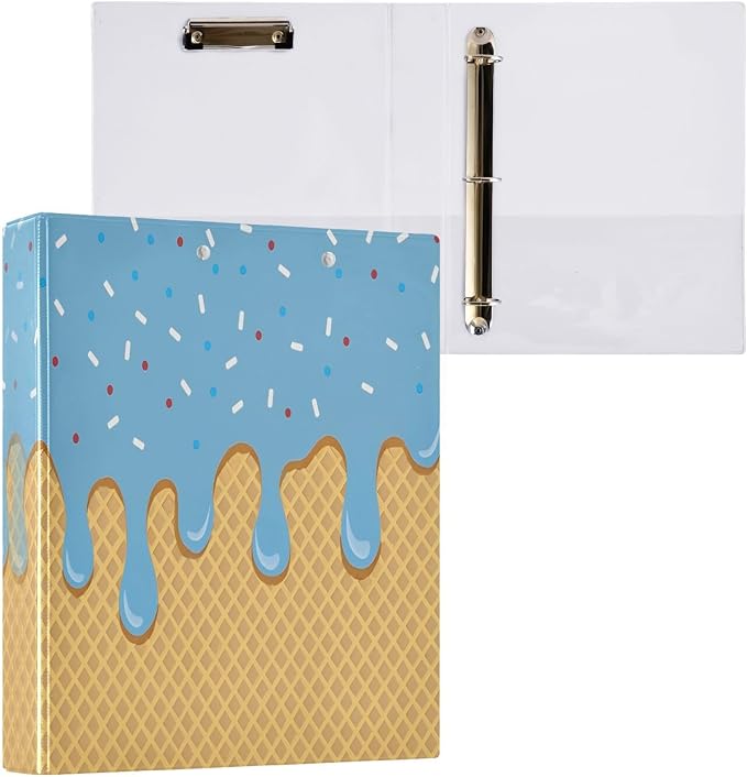 3 Ring Binder Blue Ice Cream 1.5 inch Binders Three Ring Binders with Clipboard Fit 8.5'' x 11'' Paper 3 Interior PVC Clear Pockets for Office Supplies