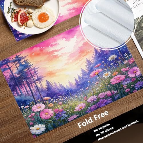Batmerry Forest Flowers Sunset Placemats, Beautiful Forest Sunset Scene Washable Linen Table Mats for Kitchen Table Double Insulation Decor Dining Set Indoor Outdoor 12X18 in Set of 4