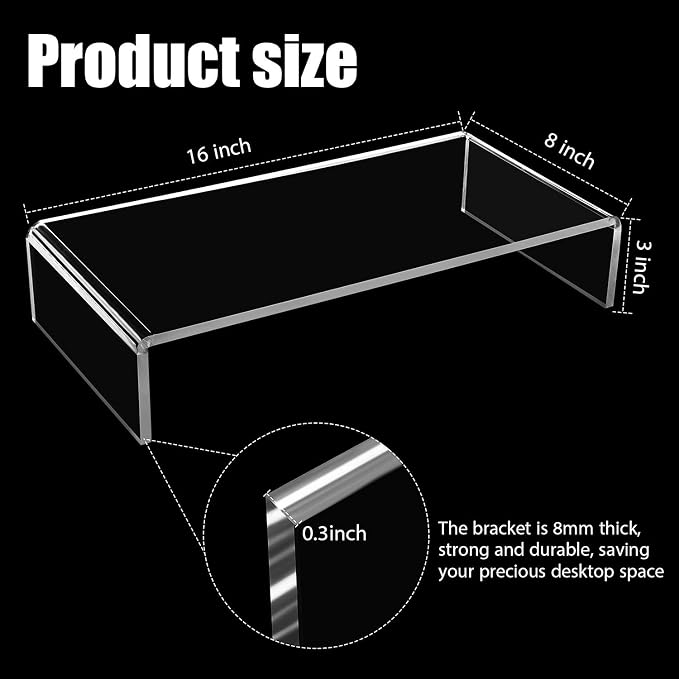 Jetec 2 Pcs Acrylic Monitor Stand Desktop Video Acrylic Monitor Riser Desk Shelf Computer Stand for Laptop TV Computer Screen Desk Organizer Teacher's Day Supplies (Clear, 16 x 8 x 3 Inch)