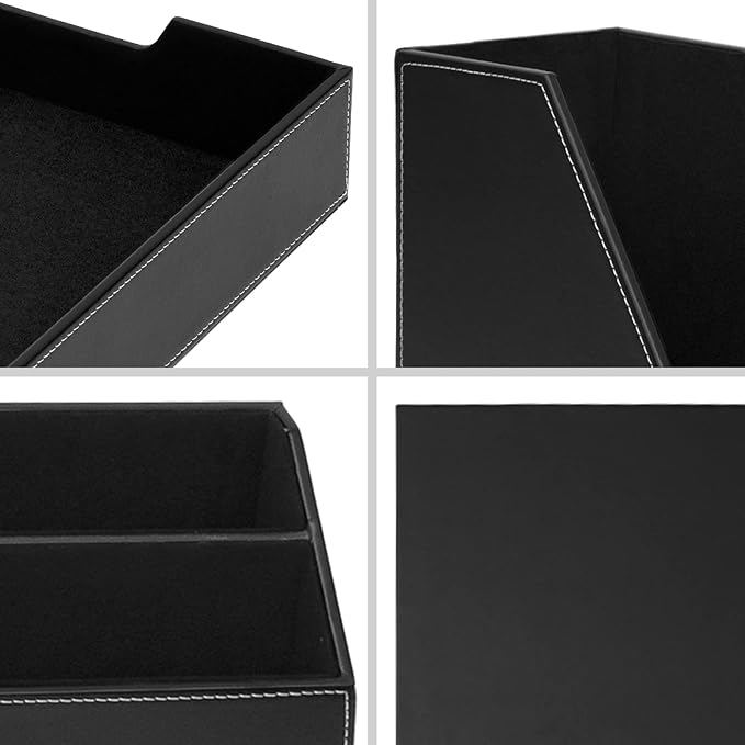 Office Supplies PU Leather 6-Piece Set Desk Organizer,Include Writing Pad,Letter Tray,file folder Sorter/Magazine Holder,Pen Cup,Note Holder,Business Card Holder,Man/Woman Office Gift,Black