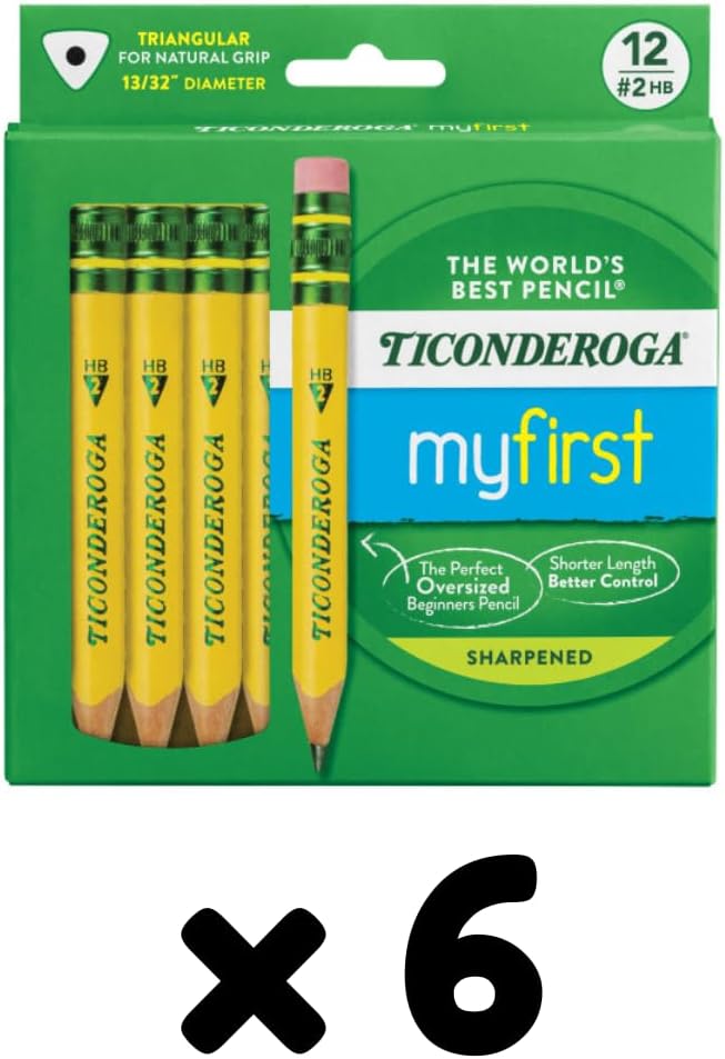 Ticonderoga My First Half-Size Wooden Pencils, 12 Pencils/Pack, 6 Packs | Large Triangle-Barrel Pre-Sharpened #2 (HB) Short 4.5" Yellow Pencils with Erasers, X33012