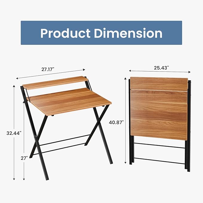 DUMOS Folding Desk No Assembly, Small Computer Desk with Shelf for Dorm | Portable Foldable Table for Laptop, Space Saving Desk for Home Office, Tight Spaces Apartment, Brown