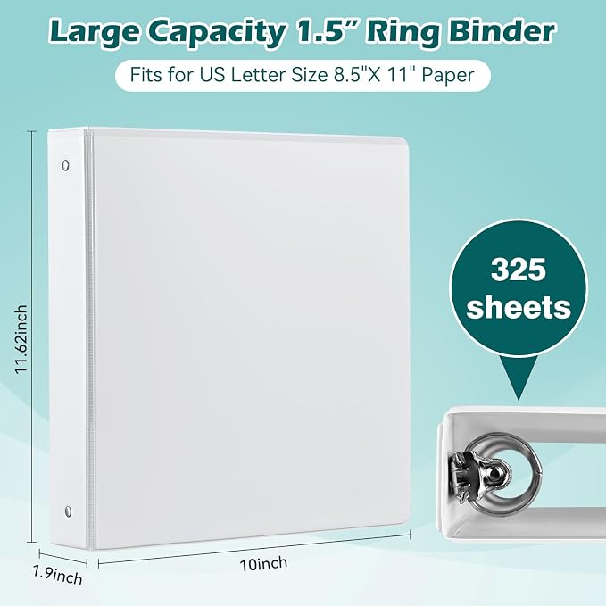 Heture 3 Ring Binder 1.5 Inch 6 Pack, 1-1/2" Clear View with Round Rings, PVC-Free,Holds for 325 Sheets 8.5X 11 US Letter Size Paper, Durable White Binders Perfect for Office,School and Home