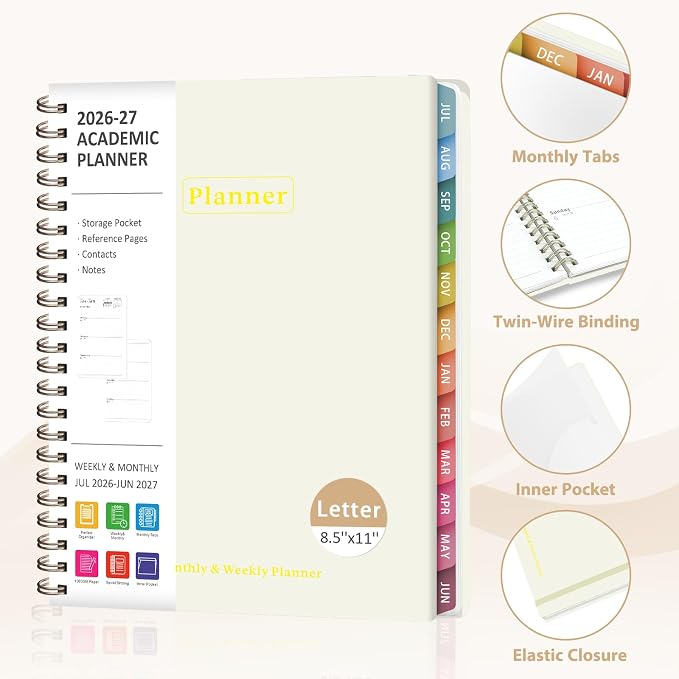 Planner 2026-2027, Academic Weekly and Monthly Calendar Planner, July 2026 - June 2027, Hardcover Spiral Agenda Book, School Supplies for Teacher Student - Letter Size(8.5" x 11")