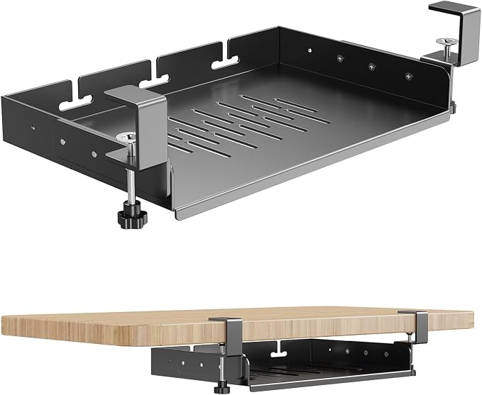 BYMECOST No Drill Under Desk Laptop Mount, Metal Under Desk Storage Shelf | Laptop Storage Tray for Macbook, Mac Mini, Controllers and Cables, Anti-scratch Silicone, fits Office, Gaming, Workstations