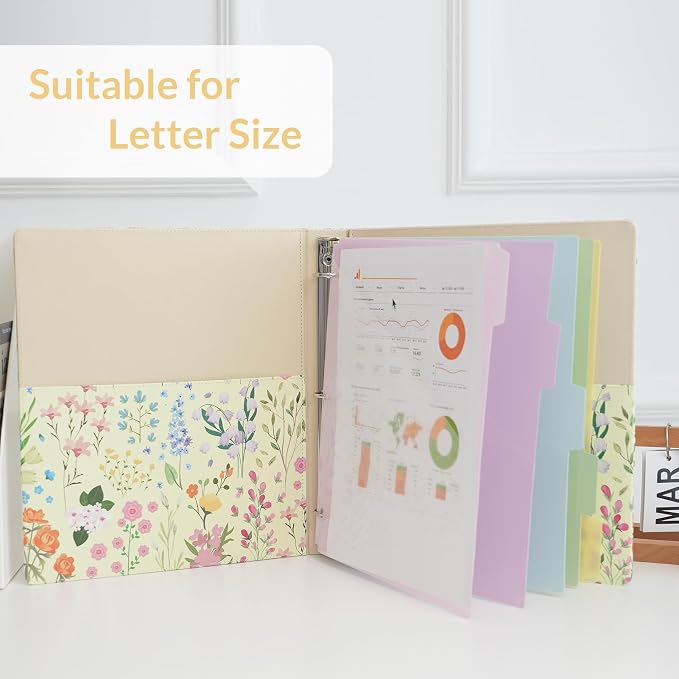 SKYDUE 1 Inch 3-Ring Binder with Clipboard, PU Aesthetic Binder with 5 Dividers, Notepad, Stickers & Pockets for Work and School (Letter Size)