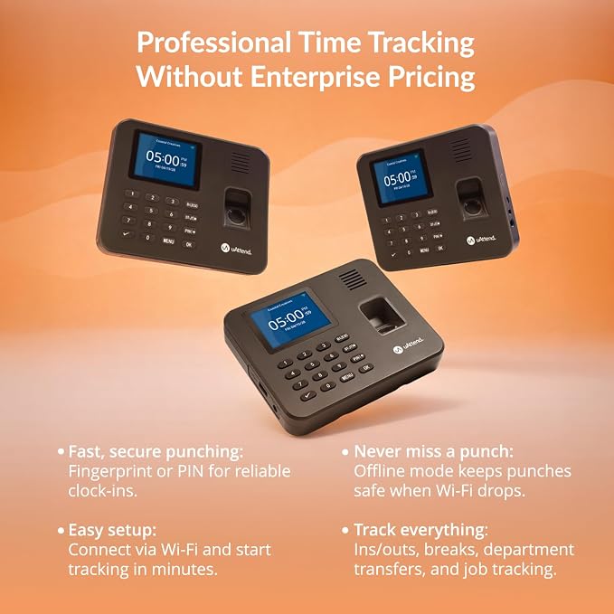 uAttend RE2000 Biometric Time Clock for Employees – Fingerprint + PIN Punching, Wi‑Fi Cloud Time & Attendance System with Offline Storage, Payroll-Ready – Small Business Time Tracking