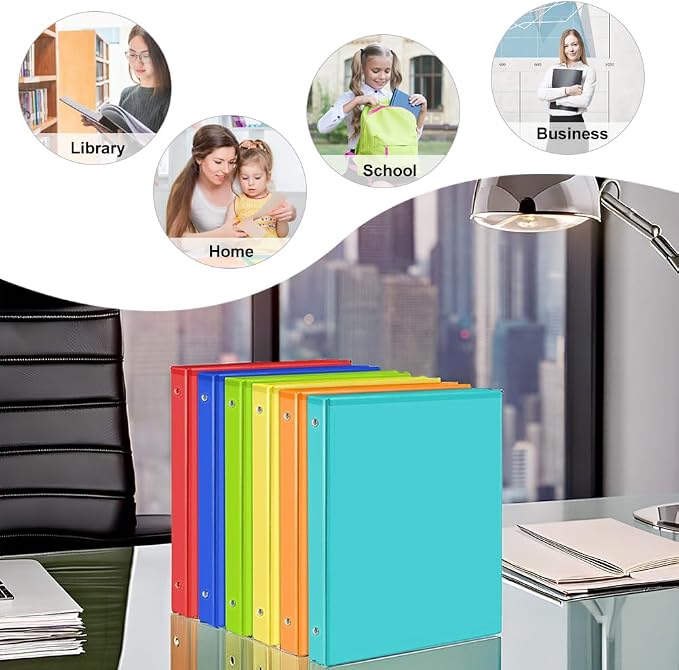 1 Inch Binders 3 Ring with 2 Interior Pockets, Holds 200 Sheets Letter Size Pape, Versatile Binders for Office Home School, Colored, 6 Pack