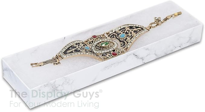 TheDisplayGuys 25 Cardboard Jewelry Gift Boxes with Inserts - Marble White | Size #82 - 8.0" x 2.0" x 1.0", Lids, Cotton Filled Padding, Kraft Paper, Bulk Pack Case, for Shipping, Organizers, Storage