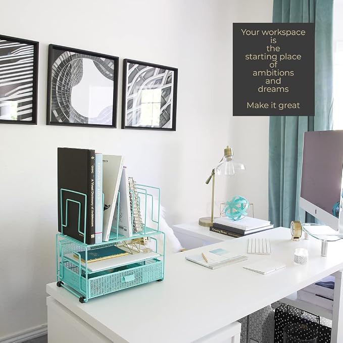 BLU MONACO Mint Green Desk Organizer With File Sorters and Drawer | Metal Mesh Desktop Storage for Office Supplies, Papers, Devices and Folders | 9.3”D x 12.5”W x 14”H All-In-One Workspace Holder
