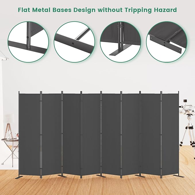 Helios&Hestia 8-Panel 6 ft Tall Indoor Folding Room Divider, Portable Privacy Screen, Freestanding Partition Separator, Temporary Wall Separation for Bedroom, Office, 160" W X 71" H, Dark Grey