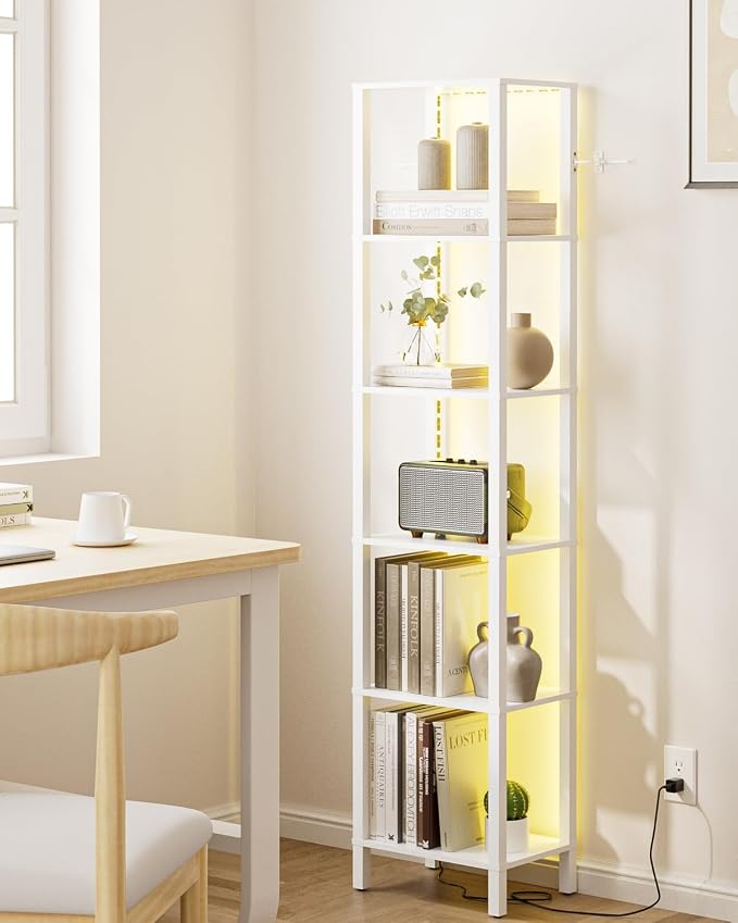 Open Book Shelf with LED Lights, 6 Tier Tall Bookshelf, Narrow Bookcase with Open Shelves, 14.57" x 10.63" x 65.83", Book Shelves for Living Room, Office, Study, White