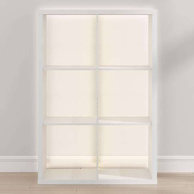 Furinno Cubicle Book Shelf with LED Lights, 6-Cube Bookshelf, Reversible Extra Thick Frame Bookcase, Display Storage Shelves, for Living Room, Bedroom, Home Office, White